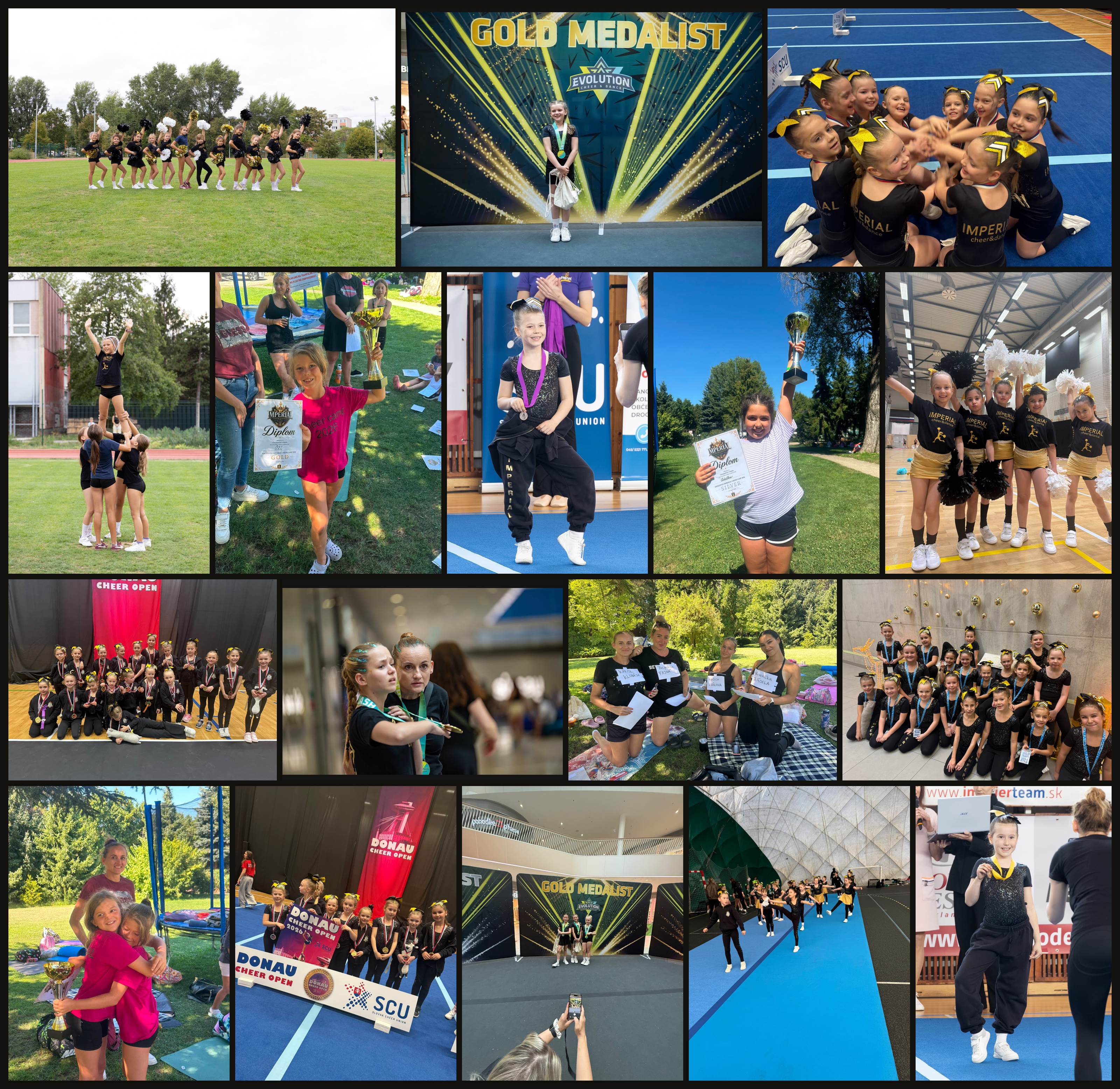 Koláž Imperial Cheer Slovakia – tímové zážitky, cheerleadingová zostava, súťaže a medailistky